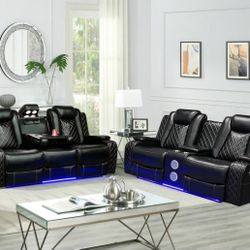 π¨βπ©βπ§βπ¦ Sofa Set 2 Pcs, Power Recliner, Black Leather with USB and LED.