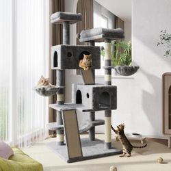 65.7" Large Cat Tree and Tower Condo for Indoor Cats with 2 Scratching Boards, Hammock & Post, Gray
