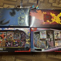 Pokémon sealed product (Team Rocket Moltres UPC, Mega Charizard UPC, Prismatic Premium Figure Collection, Mega Lucario Ex Figure Collection)