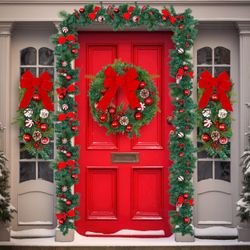Brand New Daifunli 4 Pcs Artificial Christmas Wreath and Garland Set Include 20 Xmas Pine Needles Wreath with Red Bow 2 Christmas Teardrop Swag 9ft Ga