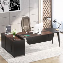  New 70.9'' L-Shaped Desk, Executive Desk with Power Outlet and 47” File Cabinet
