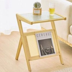 Bamboo End Table with Magazine Rack Glass-top Sofa Side Table Accent Bedside Nightstand Boho Z Shaped Coffee Table for Bedroom Living Room Small Space