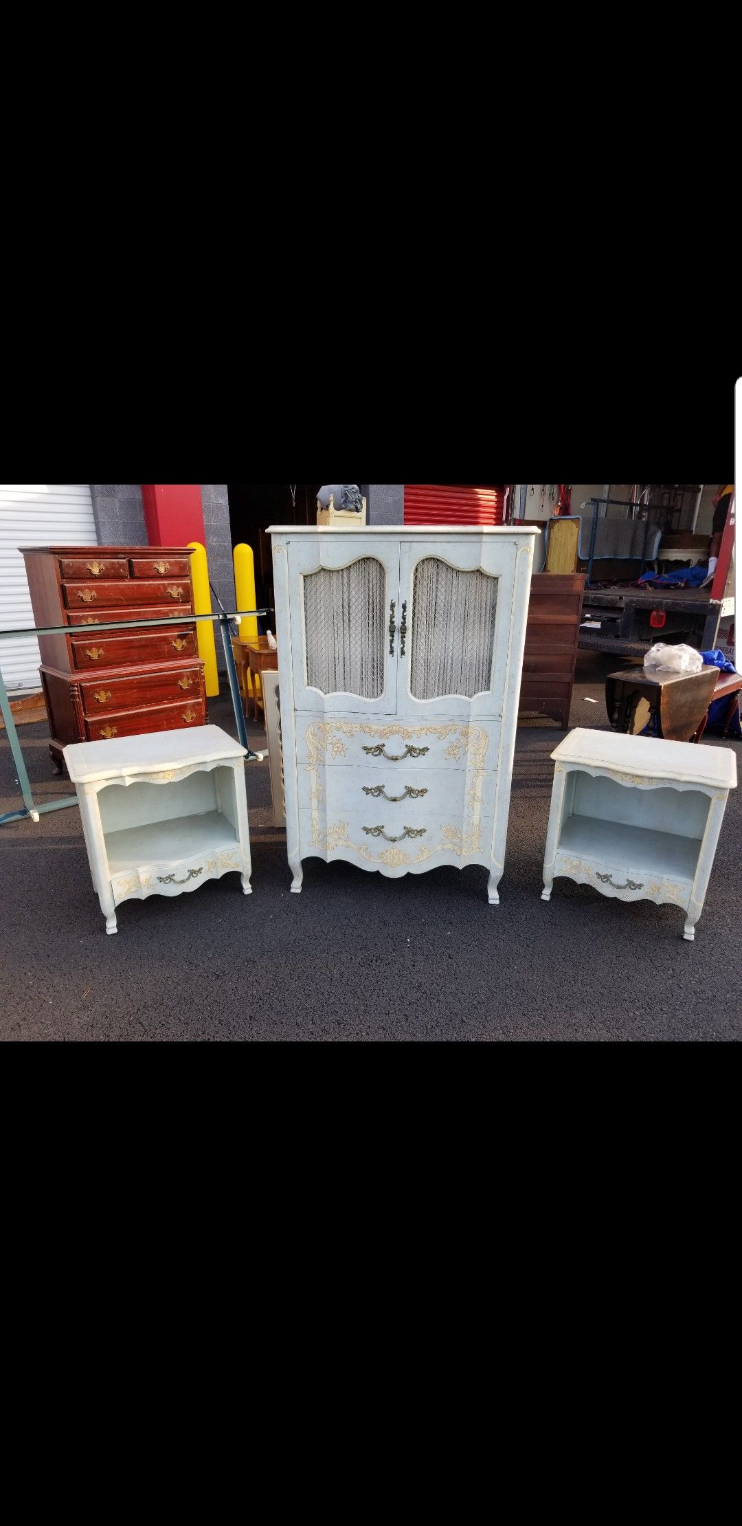 John Widdicomb French Provencial chest, 2 night stands and king size head board with metal frame