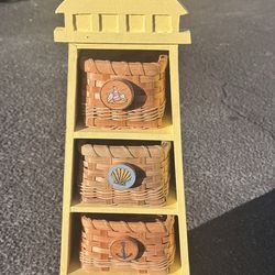 Refinished Yellow Wooden Lighthouse Shelf with Baskets