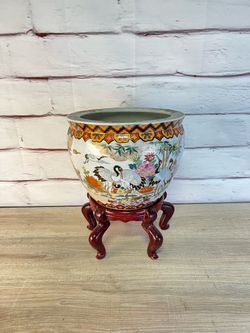 Vintage Asian Satsuma Style Pot Planter & Stand