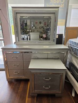 Dresser Mirror and 1 Nightstand - Gray