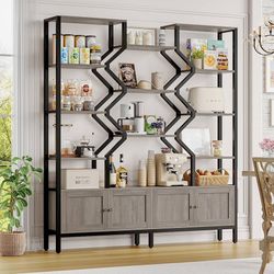 Tall 5-Tier Bookshelf with 4 Large Storage Cabinet, 74.2" W x 76.5" H Etagere Bookcase 14 Open Display Standing Shelves with Metal Frame for Living Ro