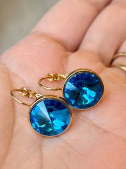 Blue Brilliant Crystal Statement Drop Earrings Assorted Finish In Gold Tone