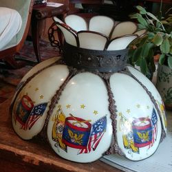 Vtg Antique Patriotic Themed 8 Panel Glass Hanging Swag Lamp