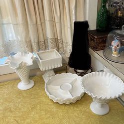 Vintage Hobnail Milk Glass Vase Candy Dish Planter? Price Is For All 4 Pieces