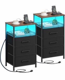 Night Stand Set 2 with Charging Station, 3 Drawer Nightstands with LED Lights, End Table with Outlets and USB Ports, Side Table with Open Shelf, Bedsi