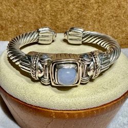 FREE SHIPPING! Samuel Benham BJC 925 Silver 14k Gold Chalcedony Hinged Cuff Bracelet 6.25”