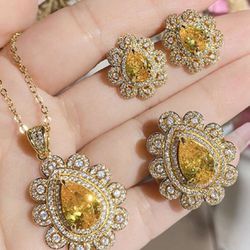 4pcs/set Gold-tone Yellow Gemstone Necklace, Earrings, Ring Suit For Wedding, Party & Costume