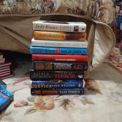 A Variety Of 9 Hardcover Books, Sweet Sisterly Fiction, Scary Thriller, Sci-fi, And The Classic Alfred Hitchcock 