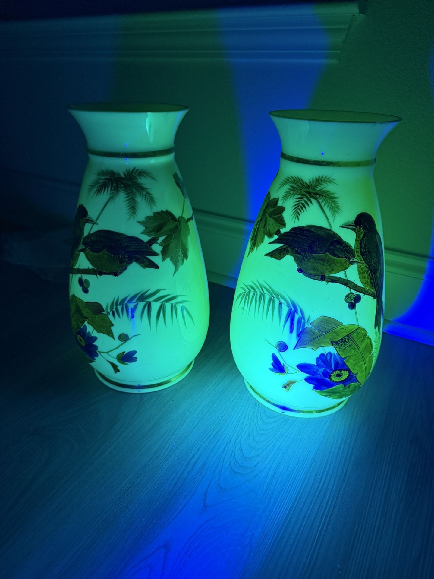 2 Uranium Glass Hand Painted Vases EXTREMELY RARE