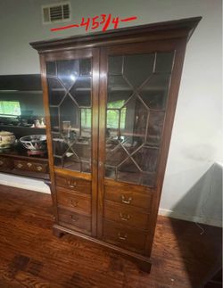 Antique Solid Mahogany Glass Door Cabinet w/ Key