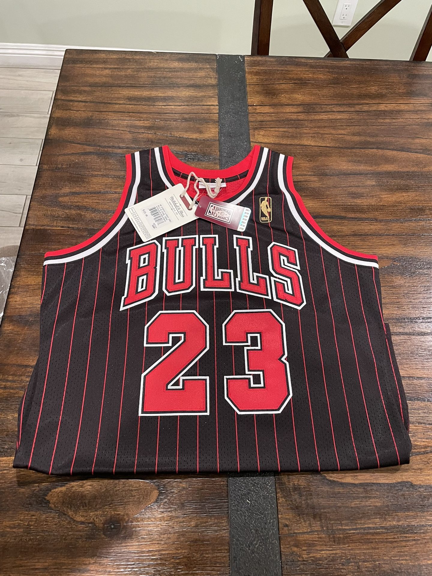 Michael Jordan Autographed 1996-97 Chicago Bulls Black With Red Pinstripes  Authentic Mitchell & Ness Jersey