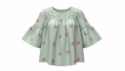 Mint Floral Lace Yoke Bell Sleeve Blouse