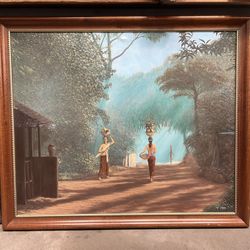 Two Balinese Women Carrying Baskets on their heads,signed oil painting.