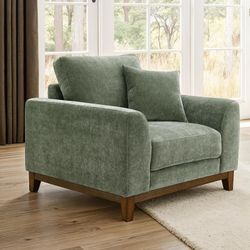 MID CENTURY MODERN OLIVE GREEN CHENILLE ARM ACCENT CHAIR