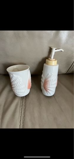 Vintage Ceramic Seashell Soap Dispenser and Cup Set