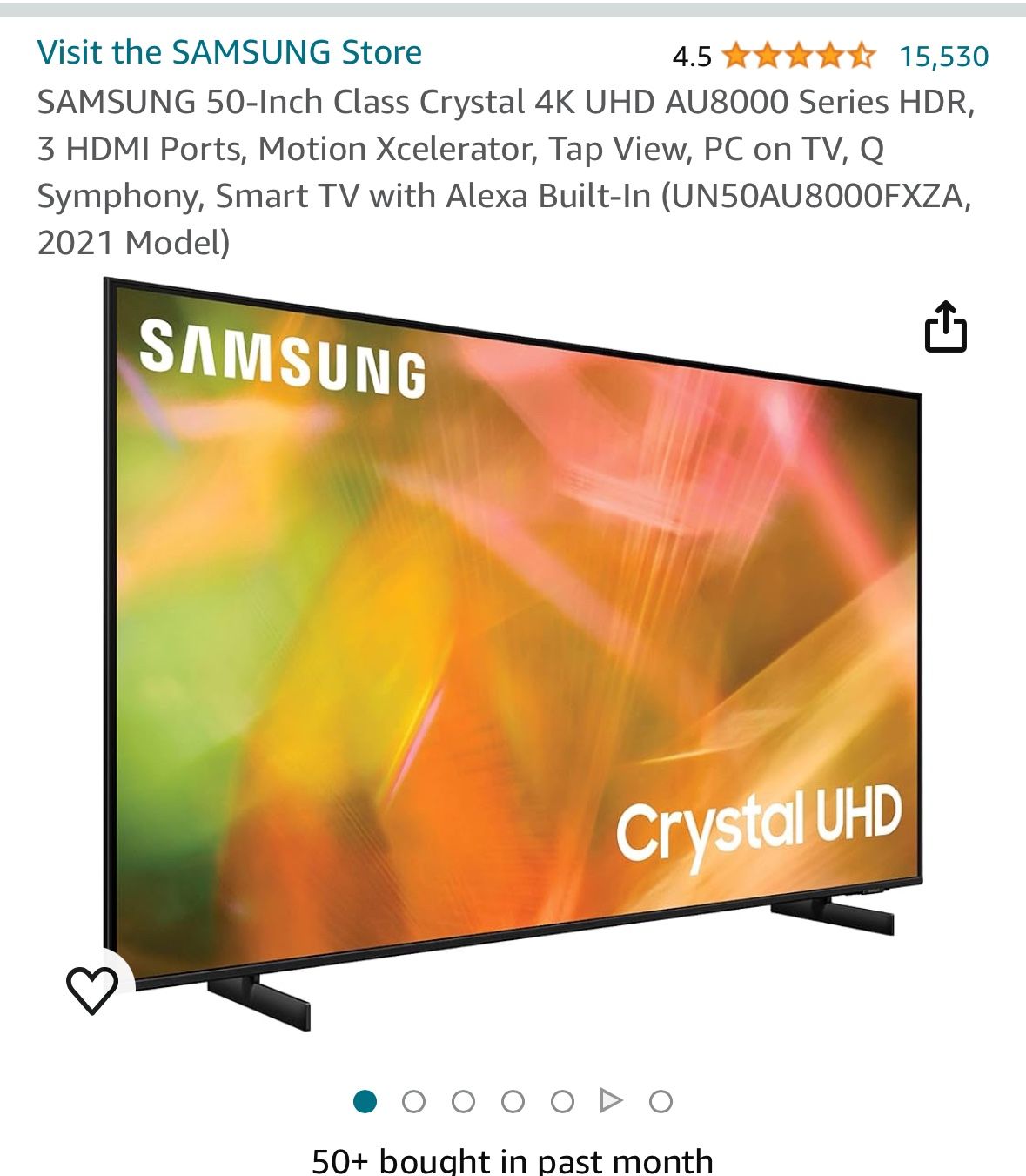 Brand new SAMSUNG 50-Inch Class Crystal 4K UHD AU8000 Series HDR, 3 HDMI Ports, Motion Xcelerator, Tap View, PC on TV, Q Symphony, Smart TV with Alexa