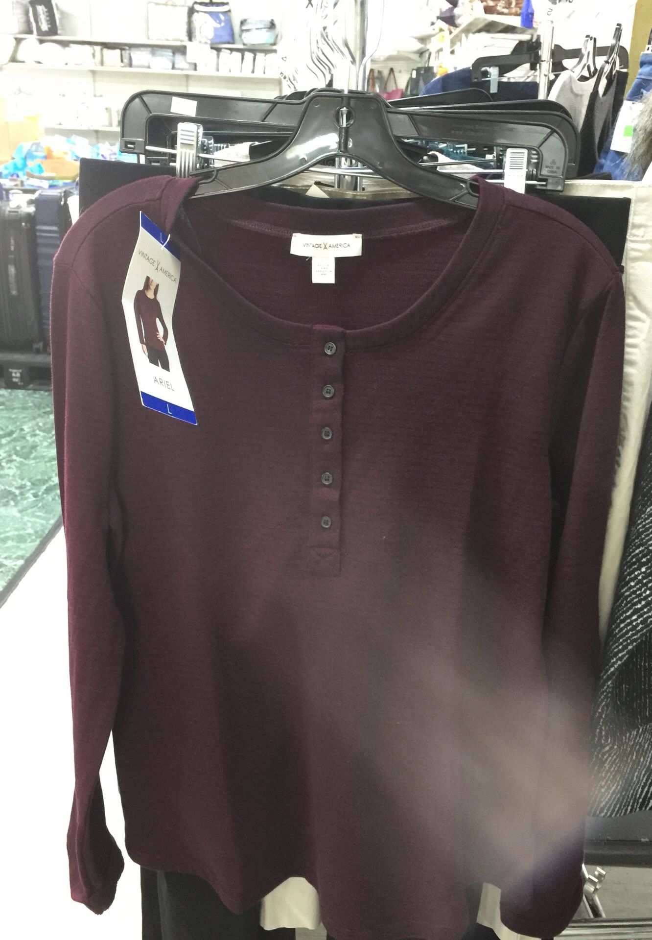 Women’s Large Vintage America Burgundy w/ Black Stripes Long-Sleeve Shirt