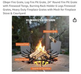 24" Round Fire Pit Grate with Firewood Tongs,