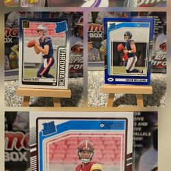 (Qty 4) Lot. -2024 Panini Prizm+Donruss Jayden Daniels Rc, JJ McCarthy Rc,+Caleb Williams Rc, Drake Maye Rc