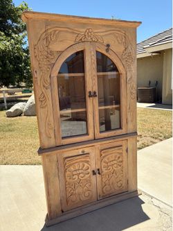 Carved Pine Wood. display Hutch - corner armoire cabinet