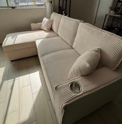 Cream Corduroy Sectional Sofa with Chaise