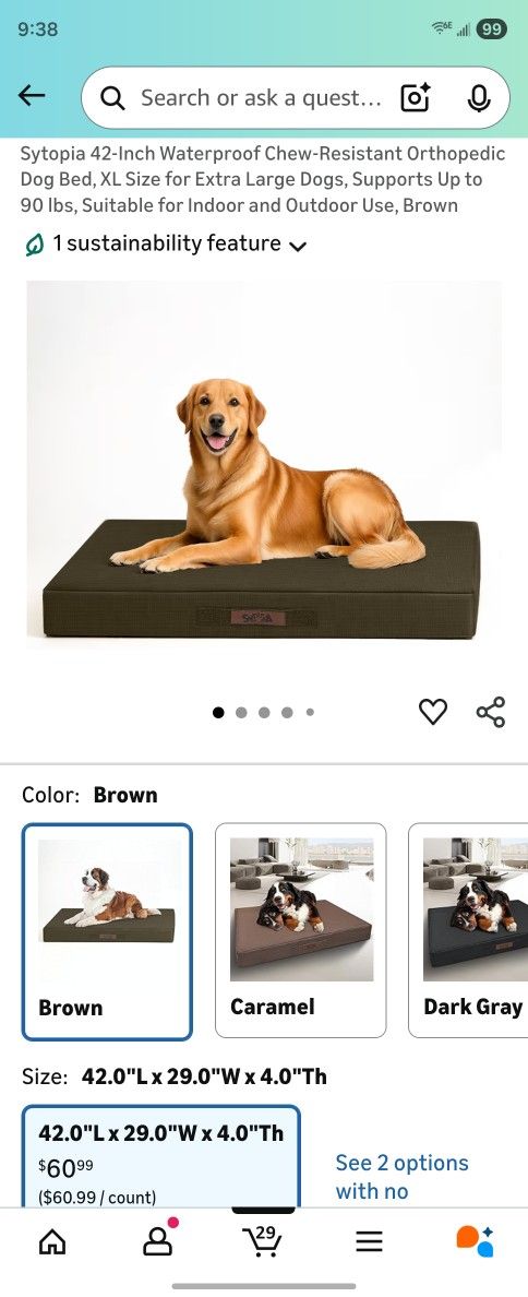 Sytopia 42-Inch Indestructible Chew-Resistant Dog Bed - XL, Waterproof & Orthopedic, outdoor, supports Up to 100 Ibs, Machine- Washable, Caramel Brown