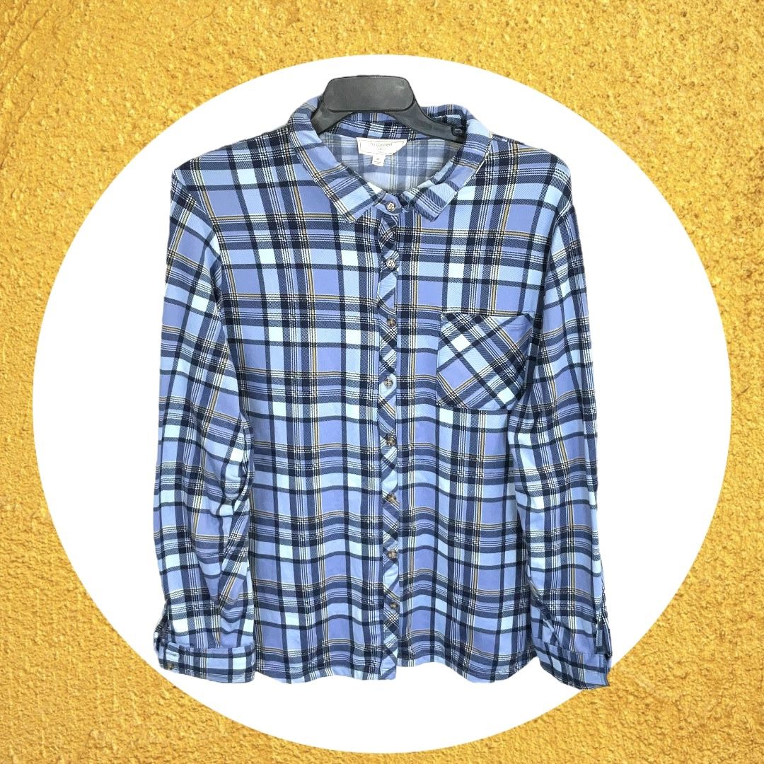 No Comment Blue, Navy, Gold, White Plaid Button Adj Waist Shirt Women 3X