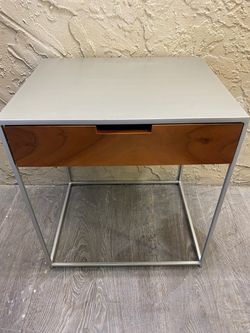 CB2 Harvey Chrome Nightstand, featuring a sleek architectural X-brace construction in reflective chrome.  H 20 W 19 1/2 D 21  Video Available so you c