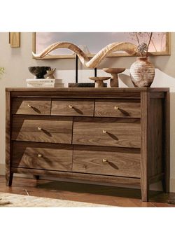 7 Drawer Dresser, Farmhouse Wood Chest, Modern Walnut Storage Cabinet,Bedroom TV Stand
