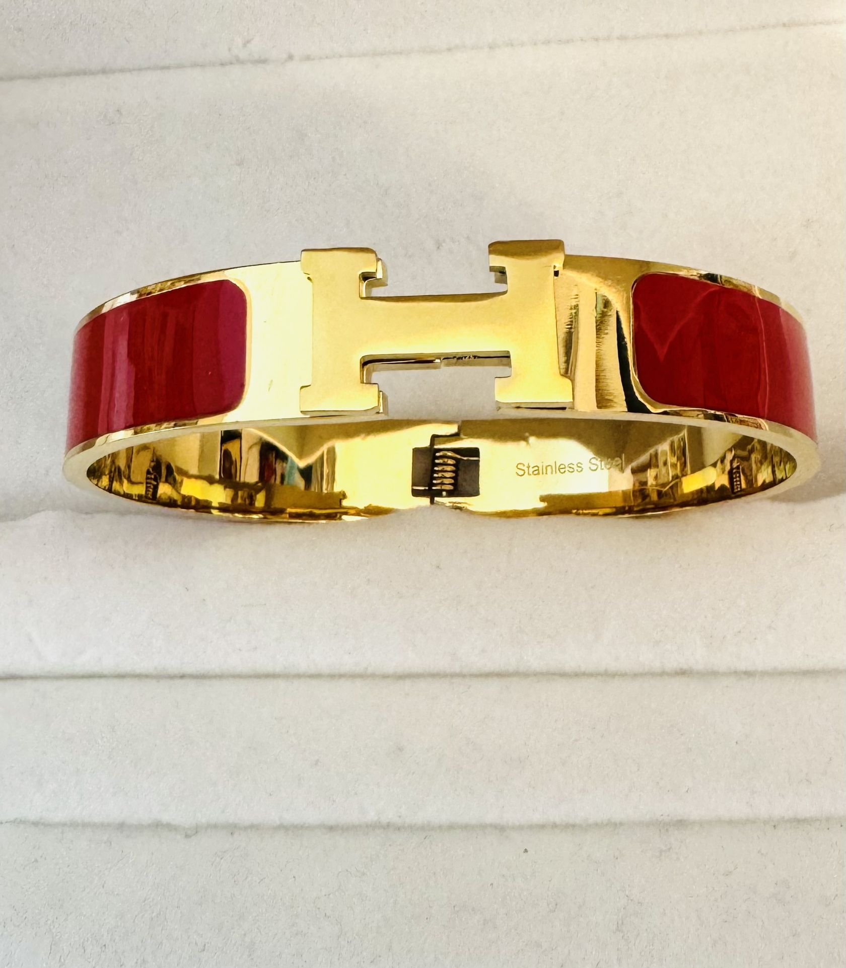 H Bangle Cuff Bracelet w RED Enamel Gold Plated
