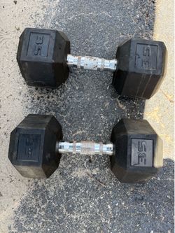 Pair of 35 lb Rubber Hex Dumbbells