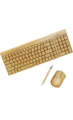 Wireless Bamboo Keyboard and Mouse – Natural, Handmade, Eco-Friendly. Compact Keyboard with 2 Keypads. 3-Button Mouse with Scroll Wheel. Comes with a 