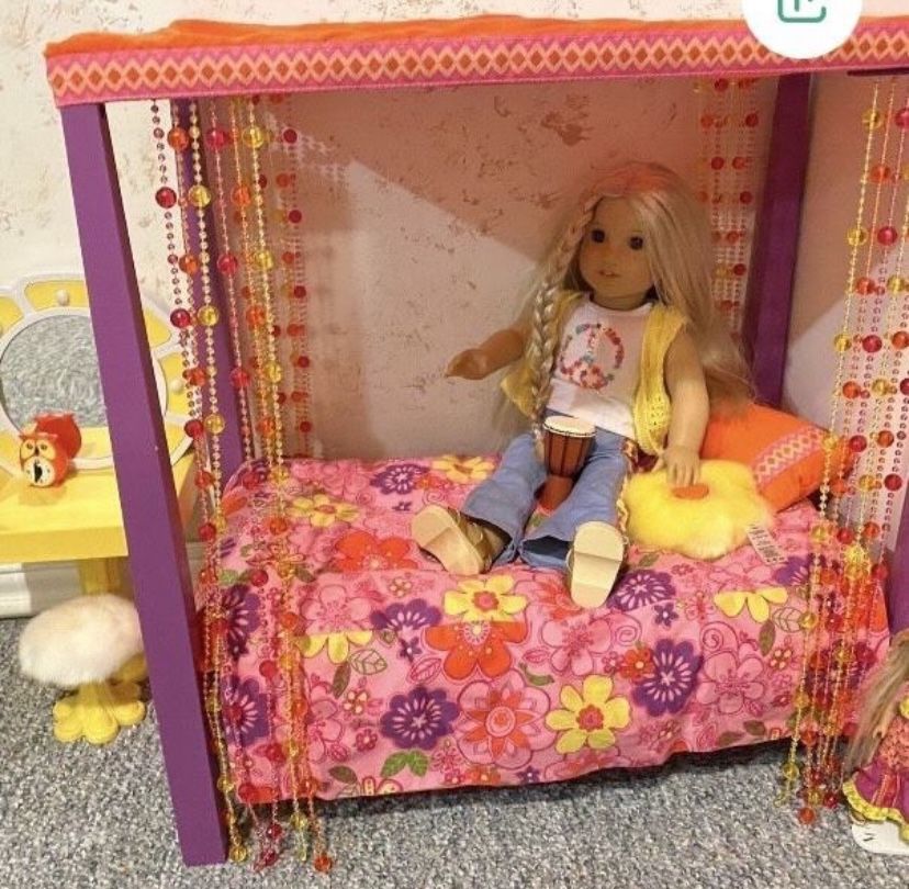 American Girl Doll Julie Collection Includes 18” Julie doll, miniature Julie doll, bed set and vanity set OBO
