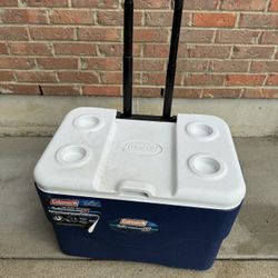 Huge 50 Quart/ 80 Can Rolling Coleman Cooler With Telescopic Handle! In Good Shape!