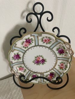 Antique 1911-1921 Hand Painted Nippon Ribbon Plate with Stand