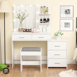 😀 Makeup Vanity with Lights in Three Dimming Light Bulb, Vanity Desk with Mirror and Lights, Makeup Desk with Visible Drawers