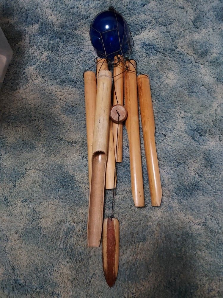 Real Wood Wind Chime With Blue Glass Ball