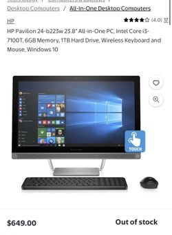 HP Pavilion 24-b223w 23.8" All-in-One PC, Intel Core i3-7100T,Wireless