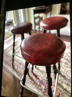 Set of 5 Swiveling Red Leather Bar Stools