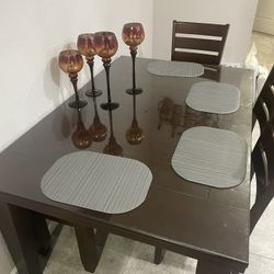 Large Wood Table With Glass Top And 4 Chairs And Bench