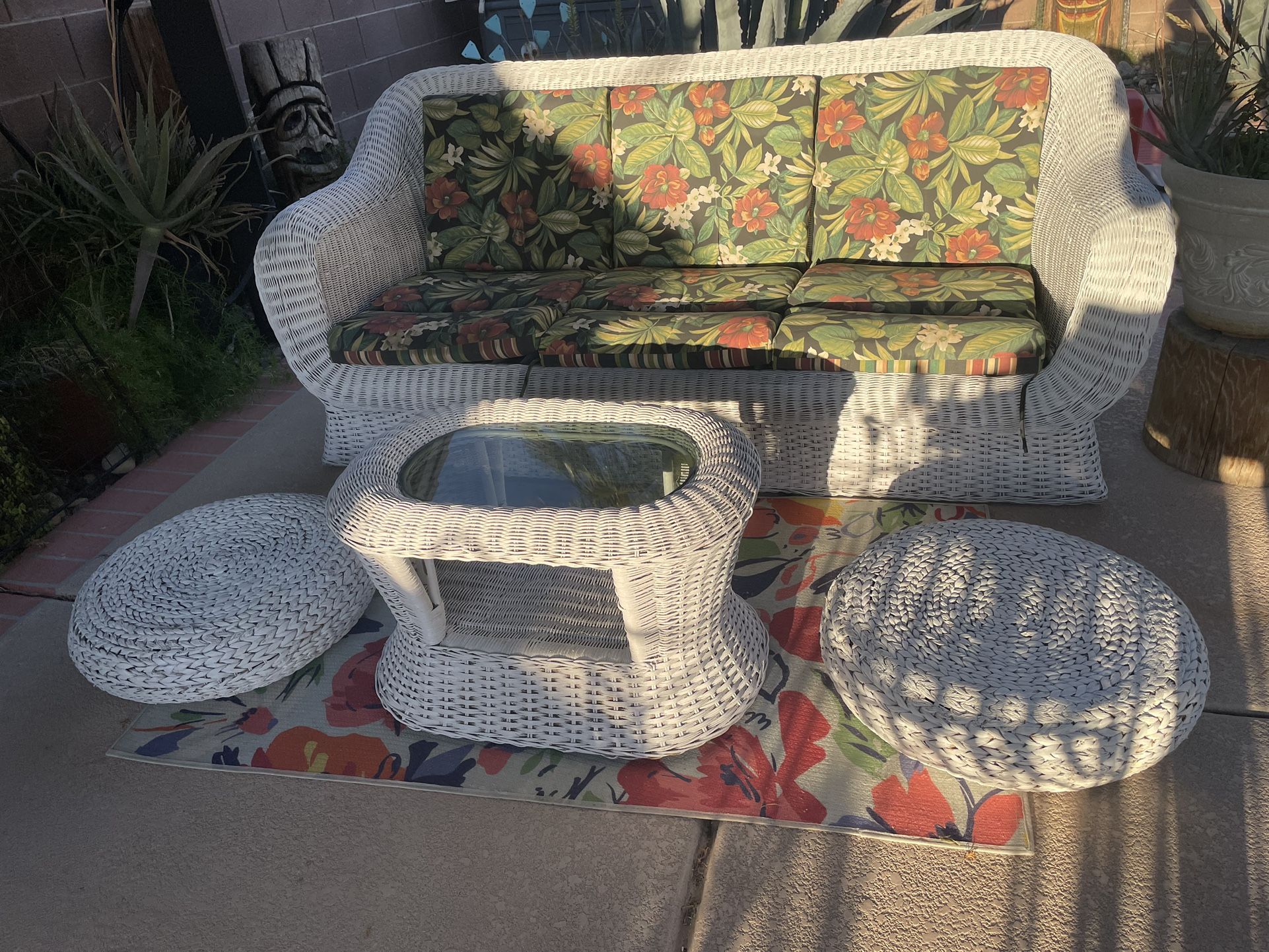 Super Cute Rattan Couch, Table And , 2 IKEA Floor Cushions