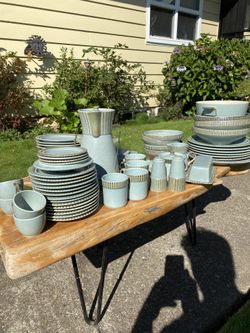Mid Century Japanese Kasuga Stoneware 62 Piece Set for Sale in