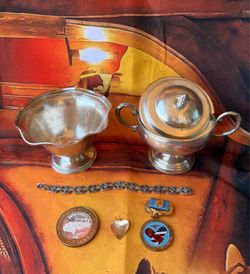 Silver cups, silver bracelet, coin, medal