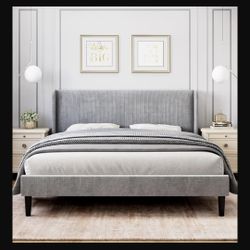 IDEALHOUSE Queen Size Light Gray Upholstered Bed Frame 